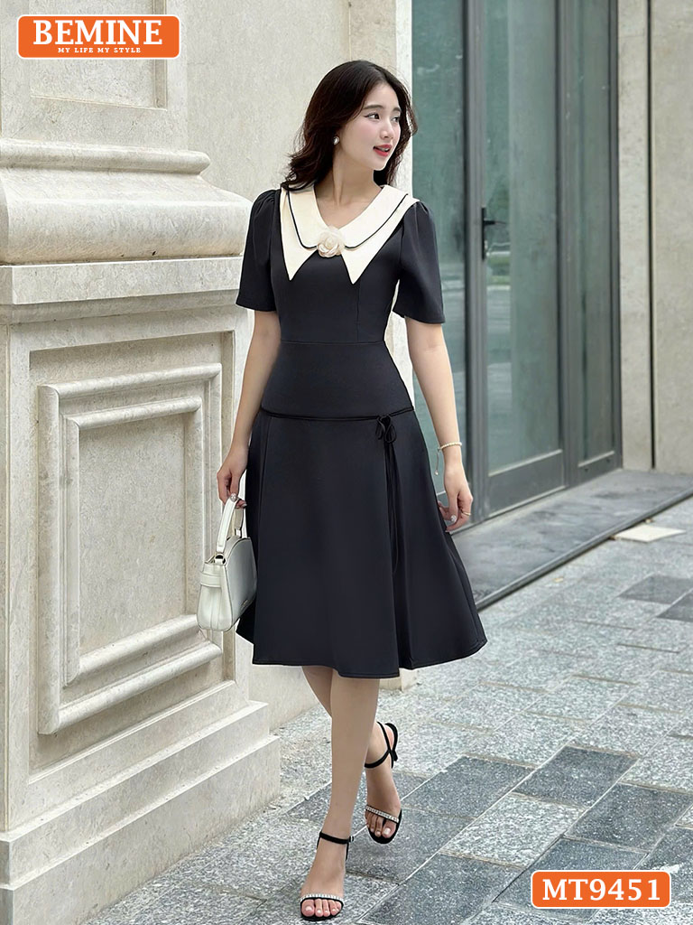 Đầm thiết kế phối đính hoa viền nơ dáng chữ A MT9451 2