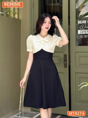 Đầm thiết kế phối lưới cổ đính nút dáng xòe MT9274