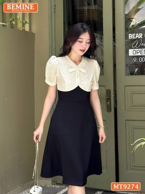 Đầm thiết kế phối lưới cổ đính nút dáng xòe MT9274 2