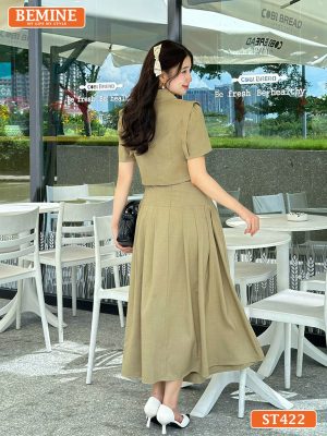 Set áo croptop có cúc chân váy dáng dài xếp ly ST422 xanh 2