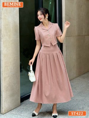 Set áo croptop có cúc chân váy dáng dài xếp ly ST422 Hồng