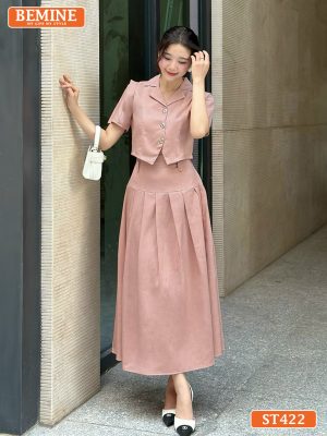 Set áo croptop có cúc chân váy dáng dài xếp ly ST422 Hồng 2