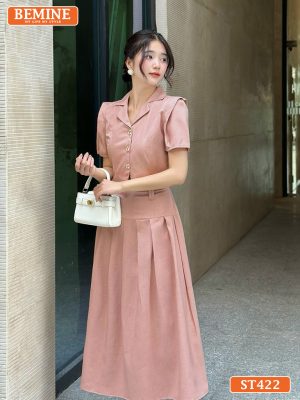 Set áo croptop có cúc chân váy dáng dài xếp ly ST422 Hồng 4
