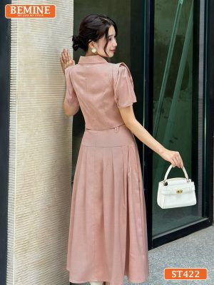 Set áo croptop có cúc chân váy dáng dài xếp ly ST422 Hồng 5