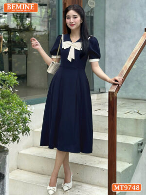 Đầm thiết kế BEMINE cổ V phối viền đính nơ dáng A xòe MT9748 2