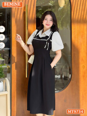 Đầm thiết kế BEMINE cổ sơ mi dáng dài giả yếm tay bồng MT9734 3