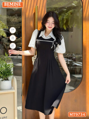 Đầm thiết kế BEMINE cổ sơ mi dáng dài giả yếm tay bồng MT9734 1