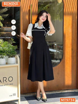 Đầm thiết kế BEMINE cổ sơ mi dáng dài giả yếm tay bồng MT9734 2