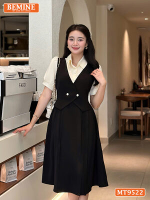 Đầm thiết kế BEMINE cổ sơ mi dáng dài vạt chéo đính nút MT9522 1