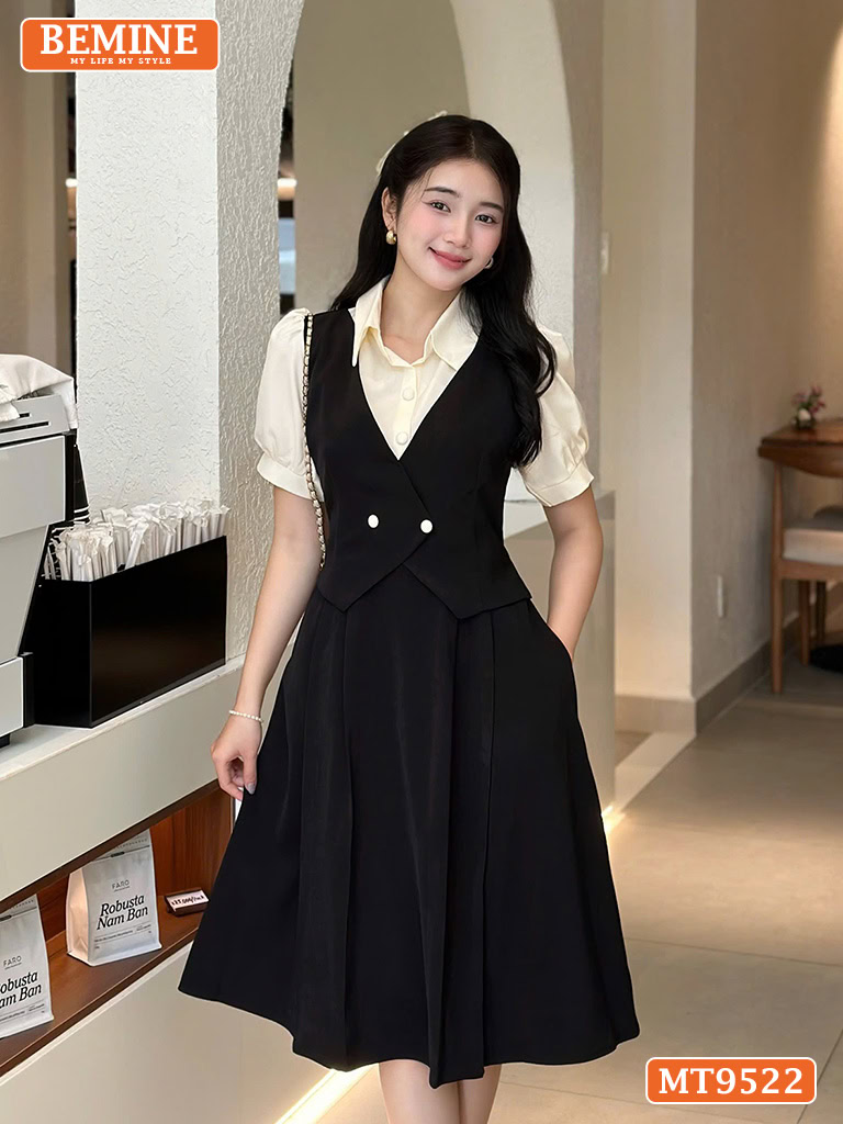 Đầm thiết kế BEMINE cổ sơ mi dáng dài vạt chéo đính nút MT9522 3