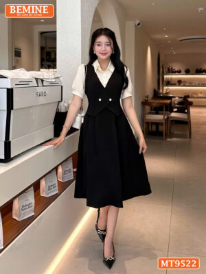 Đầm thiết kế BEMINE cổ sơ mi dáng dài vạt chéo đính nút MT9522 2