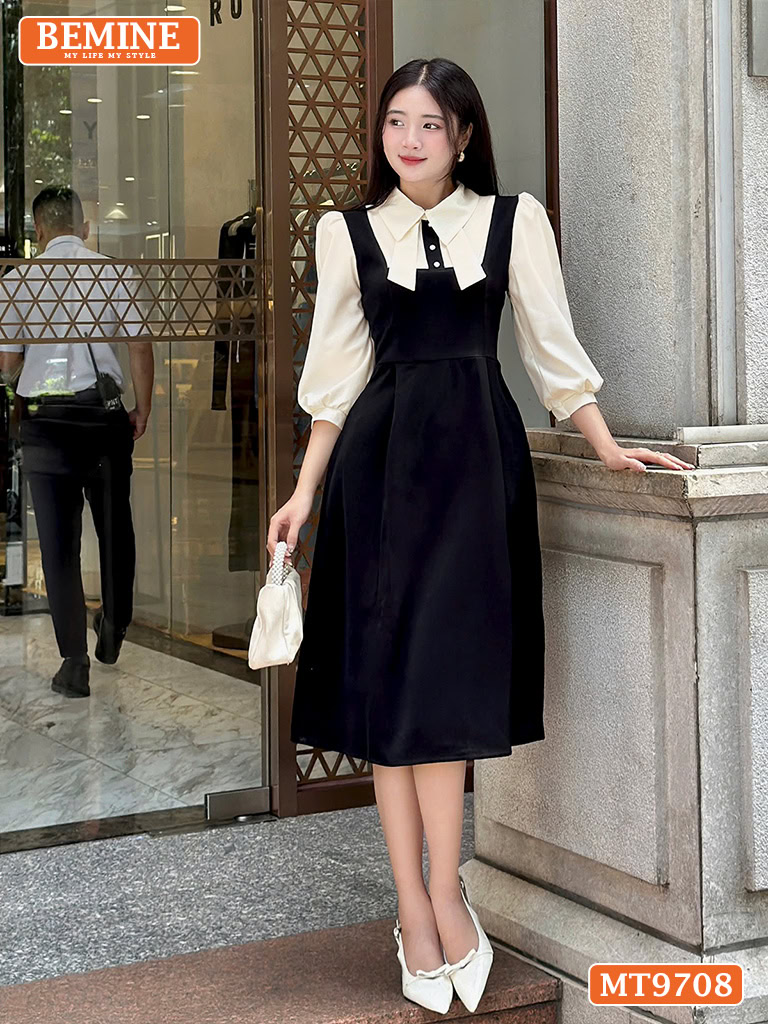 Đầm thiết kế BEMINE cổ sơ mi tai thỏ dáng chữ A tay dài MT9708