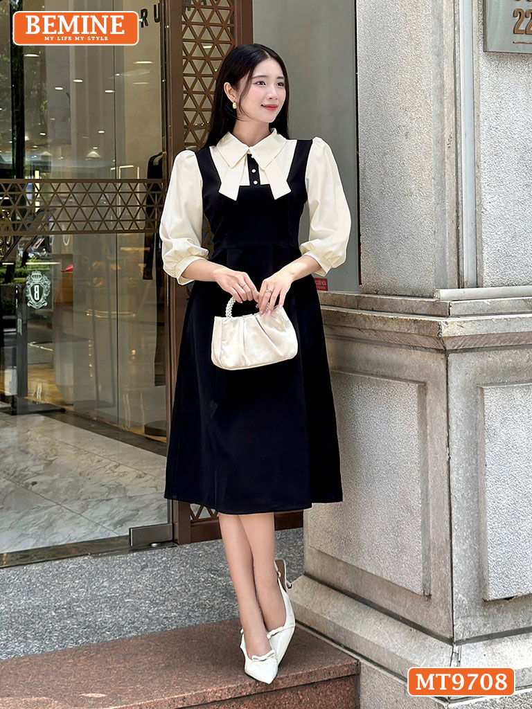 Đầm thiết kế BEMINE cổ sơ mi tai thỏ dáng chữ A tay dài MT9708 2