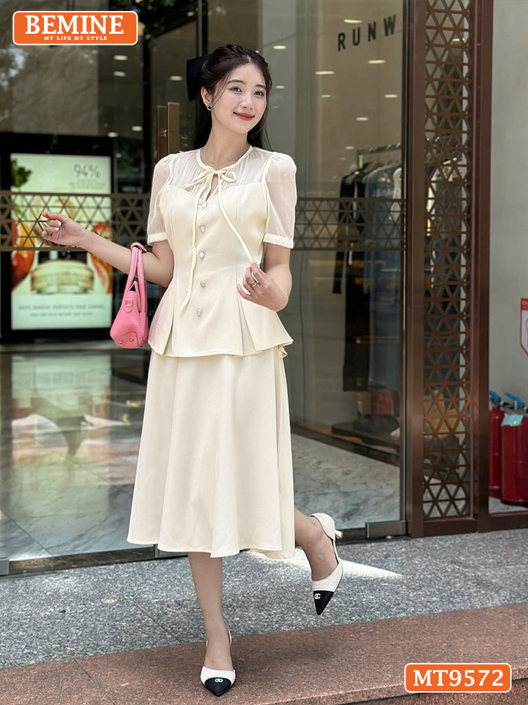 Đầm thiết kế BEMINE cổ tròn có dây nơ dáng peplum MT9572 1