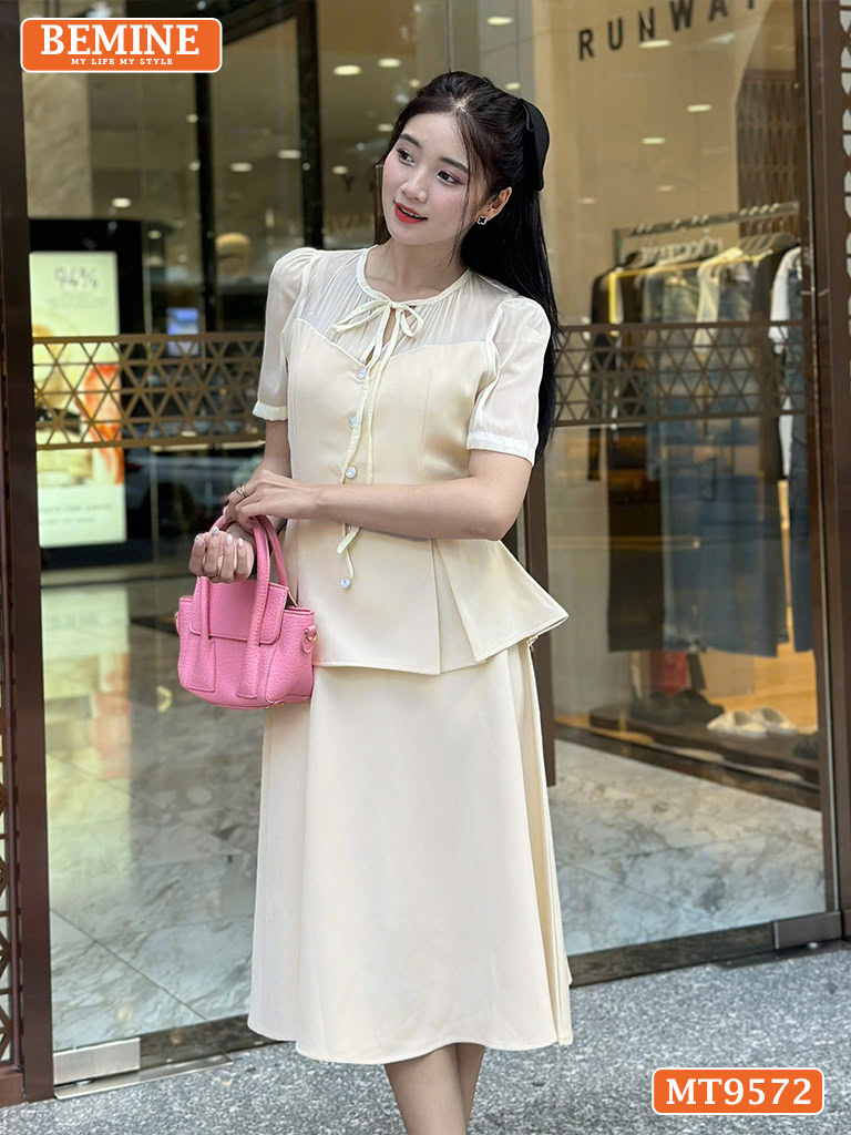 Đầm thiết kế BEMINE cổ tròn có dây nơ dáng peplum MT9572