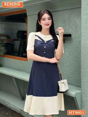 Đầm thiết kế BEMINE cổ tròn dáng chữ A họa tiết sọc MT9601 1