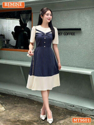 Đầm thiết kế BEMINE cổ tròn dáng chữ A họa tiết sọc MT9601
