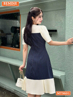 Đầm thiết kế BEMINE cổ tròn dáng chữ A họa tiết sọc MT9601 4
