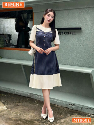 Đầm thiết kế BEMINE cổ tròn dáng chữ A họa tiết sọc MT9601 3