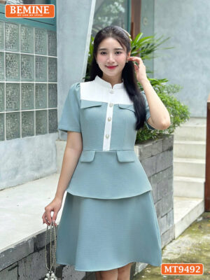 Đầm thiết kế BEMINE cổ trụ dáng chữ A ngực xếp ly MT9492 1