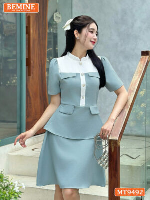 Đầm thiết kế BEMINE cổ trụ dáng chữ A ngực xếp ly MT9492 3