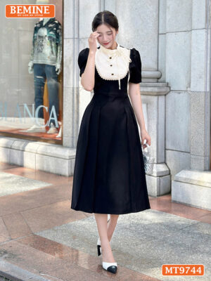 Đầm thiết kế BEMINE cổ trụ dây hoa nơ liền dáng dài ngực đính nút MT9744 3