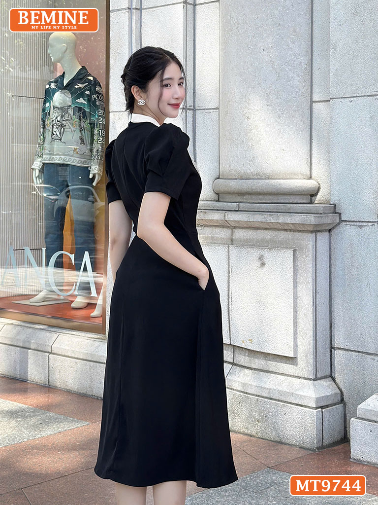 Đầm thiết kế BEMINE cổ trụ dây hoa nơ liền dáng dài ngực đính nút MT9744 4