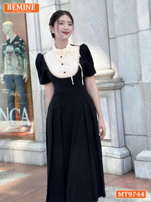 Đầm thiết kế BEMINE cổ trụ dây hoa nơ liền dáng dài ngực đính nút MT9744 2