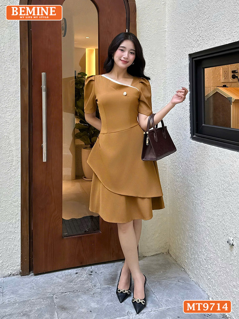 Đầm thiết kế BEMINE cổ xéo dáng chữ A tay phồng MT9714