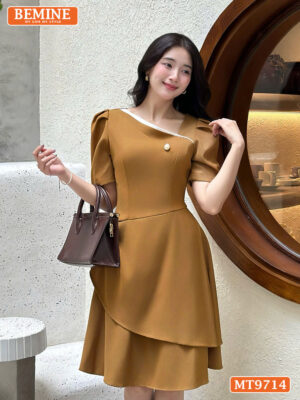 Đầm thiết kế BEMINE cổ xéo dáng chữ A tay phồng MT9714 1