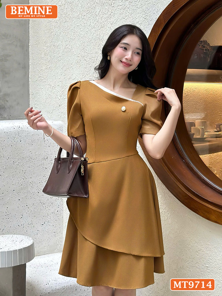 Đầm thiết kế BEMINE cổ xéo dáng chữ A tay phồng MT9714 1