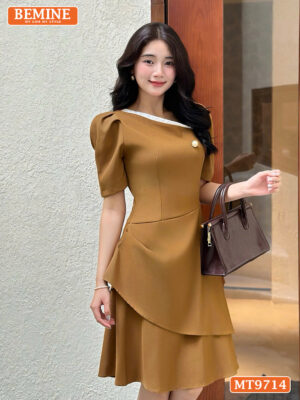 Đầm thiết kế BEMINE cổ xéo dáng chữ A tay phồng MT9714 3