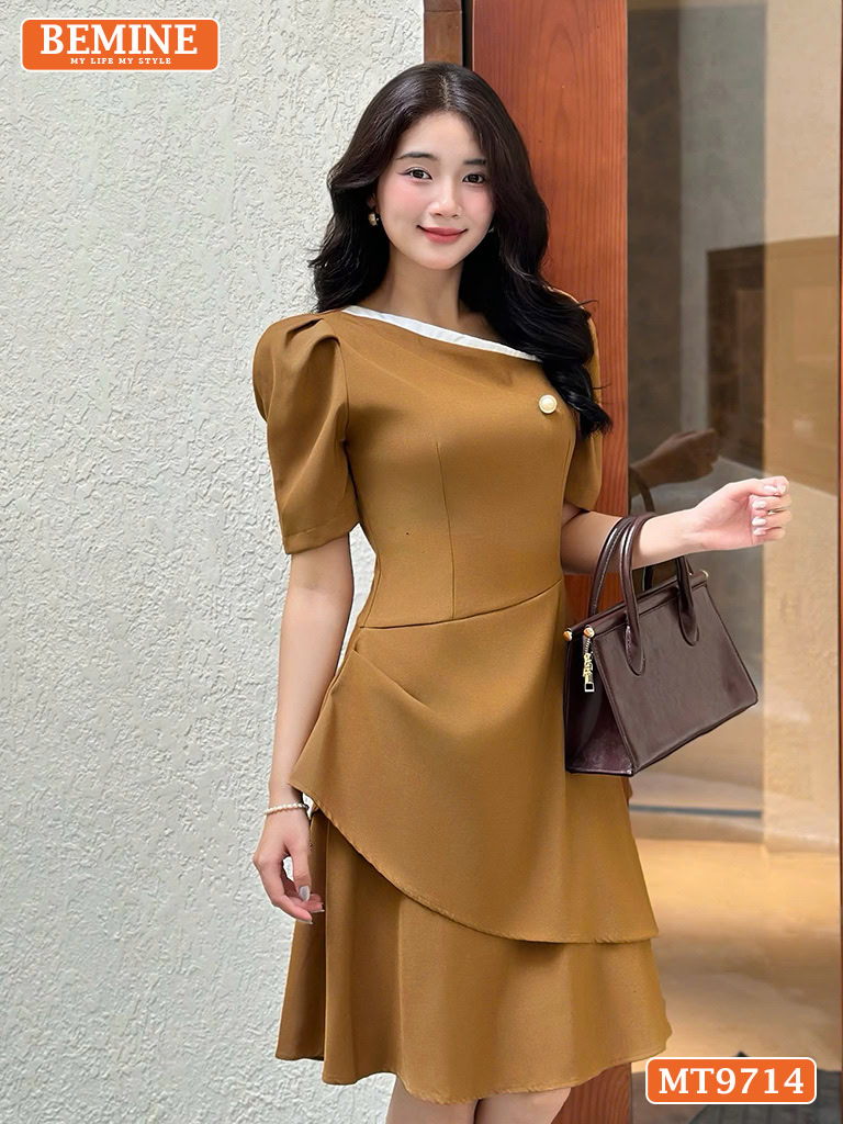 Đầm thiết kế BEMINE cổ xéo dáng chữ A tay phồng MT9714 3