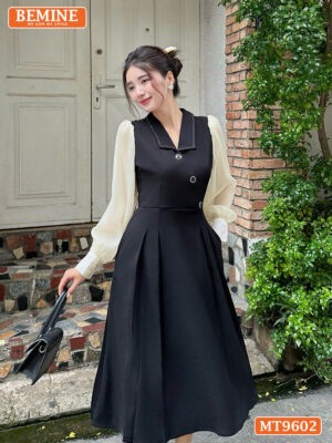 Đầm thiết kế cổ bẻ tay dài đính cúc dáng dài MT9602