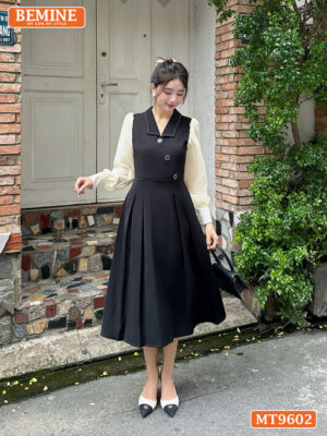 Đầm thiết kế cổ bẻ tay dài đính cúc dáng dài MT9602 1
