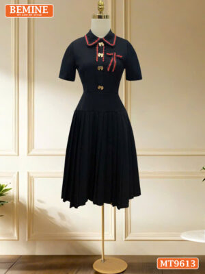 Đầm thiết kế cổ phối viền tùng xếp ly đính cúc có nơ MT9613