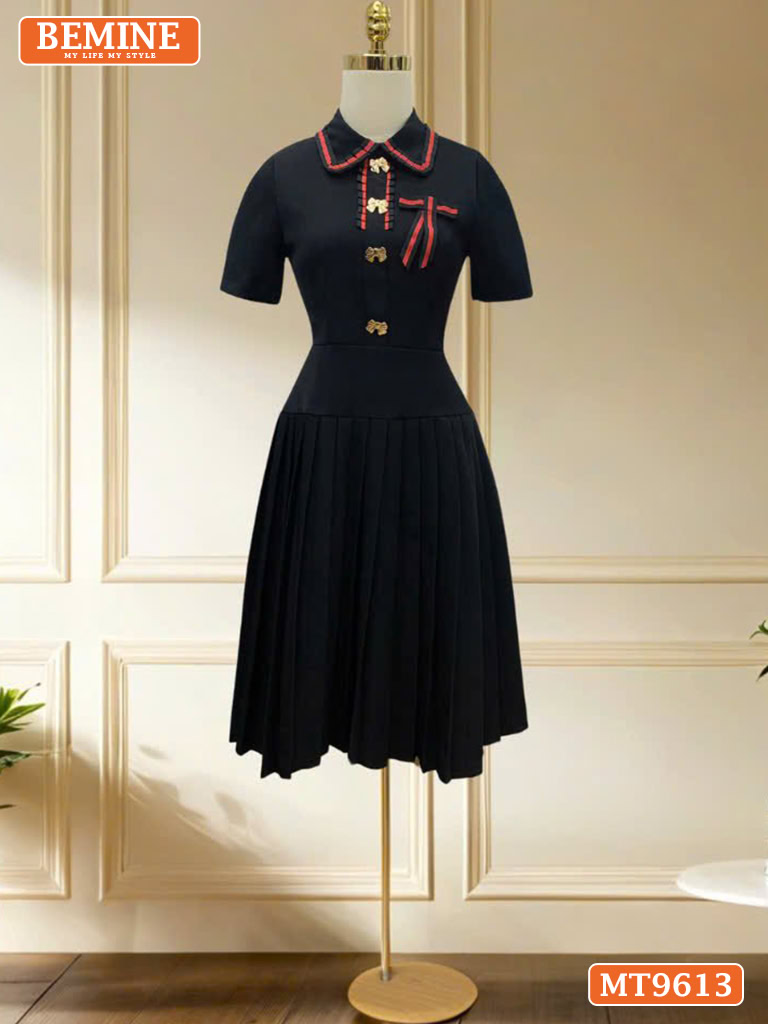 Đầm thiết kế cổ phối viền tùng xếp ly đính cúc có nơ MT9613