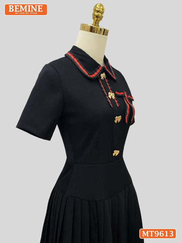 Đầm thiết kế cổ phối viền tùng xếp ly đính cúc có nơ MT9613 3