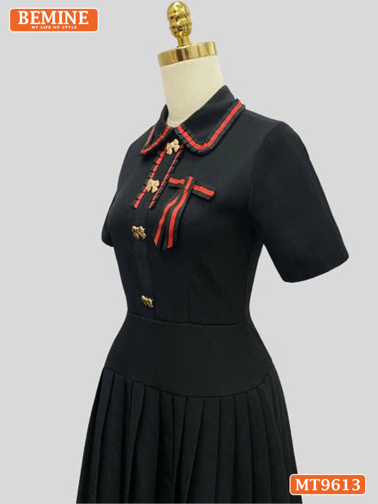 Đầm thiết kế cổ phối viền tùng xếp ly đính cúc có nơ MT9613 2
