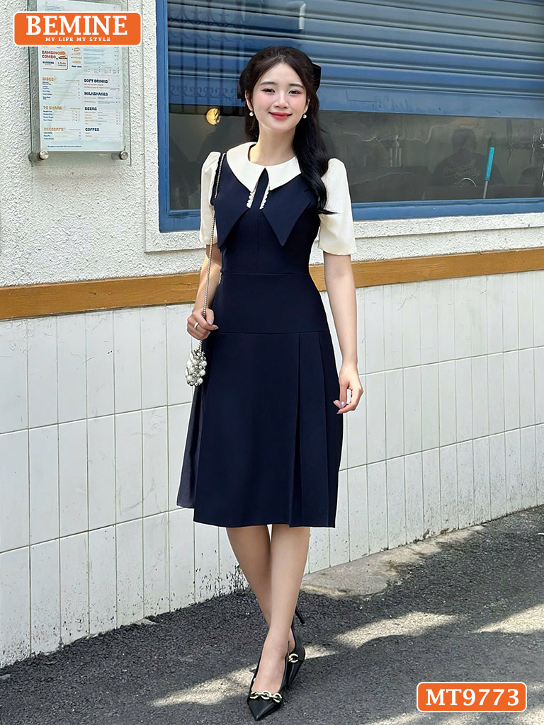 Đầm thiết kế BEMINE cổ phối dáng A tùng xếp ly ngực cánh bướm MT9773 3