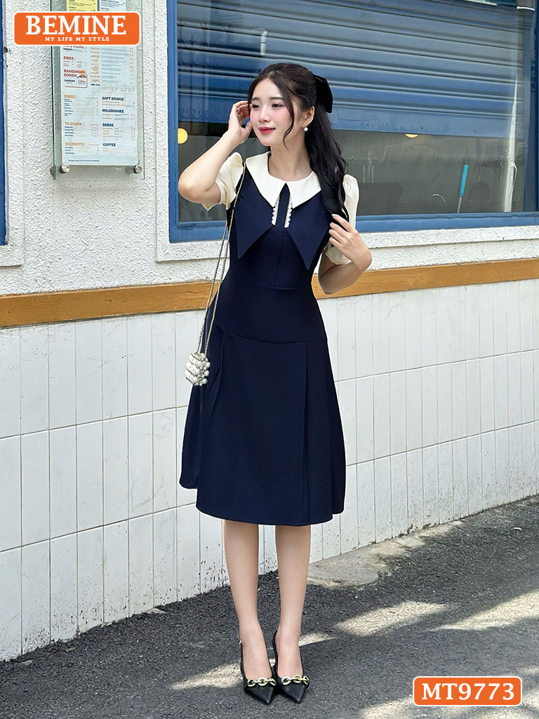 Đầm thiết kế BEMINE cổ phối dáng A tùng xếp ly ngực cánh bướm MT9773 1