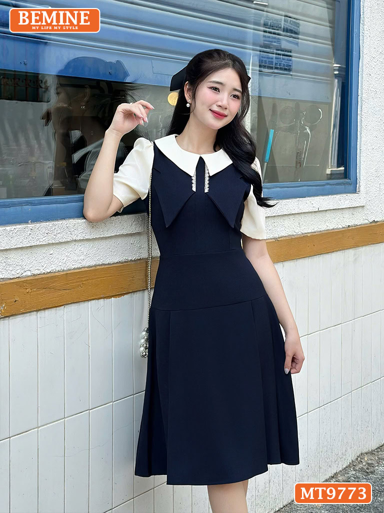 Đầm thiết kế BEMINE cổ phối dáng A tùng xếp ly ngực cánh bướm MT9773