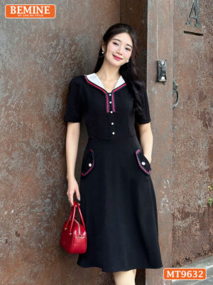 Đầm thiết kế BEMINE cổ phối viền dáng chữ A túi giả MT9632 2