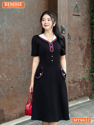 Đầm thiết kế BEMINE cổ phối viền dáng chữ A túi giả MT9632