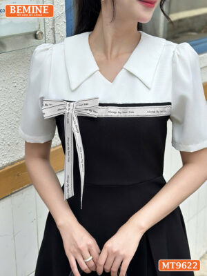 Đầm thiết kế BEMINE cổ sơ mi dáng chữ A ngực đính viền ren MT9622 2