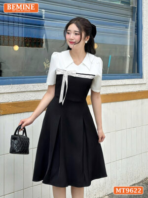 Đầm thiết kế BEMINE cổ sơ mi dáng chữ A ngực đính viền ren MT9622 1