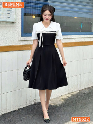 Đầm thiết kế BEMINE cổ sơ mi dáng chữ A ngực đính viền ren MT9622