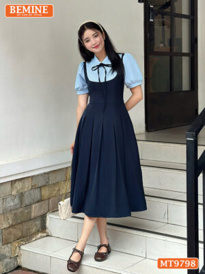 Đầm thiết kế BEMINE cổ sơ mi dáng xòe dài tùng xếp ly tay phồng MT9798