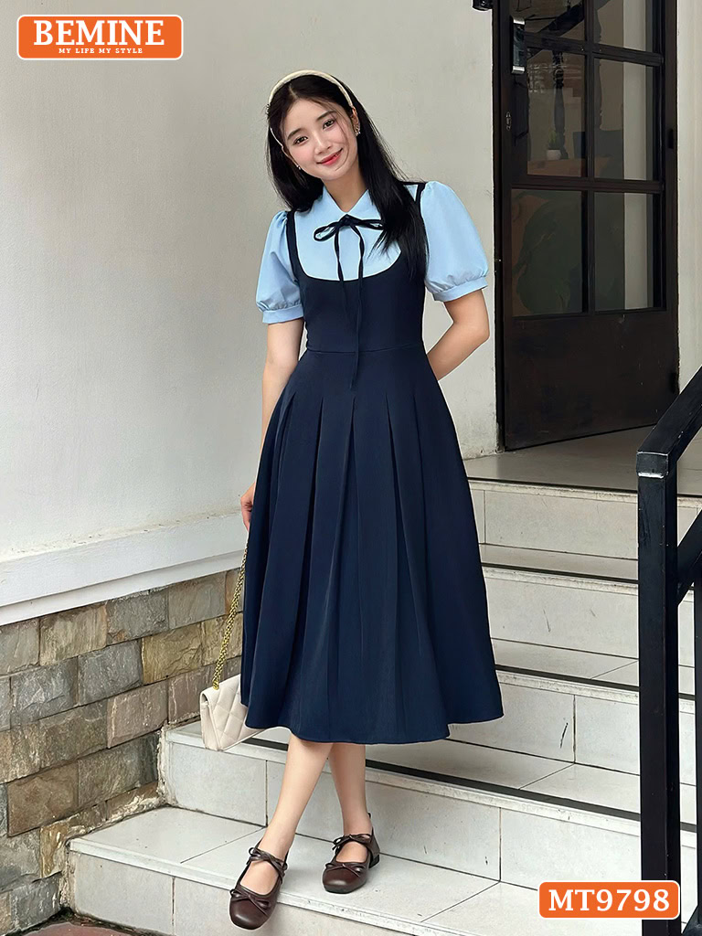 Đầm thiết kế BEMINE cổ sơ mi dáng xòe dài tùng xếp ly tay phồng MT9798