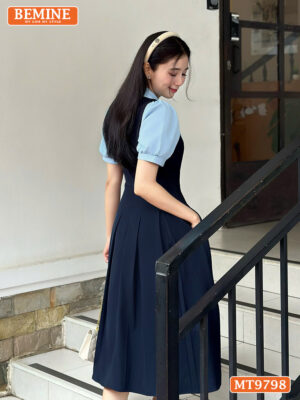 Đầm thiết kế BEMINE cổ sơ mi dáng xòe dài tùng xếp ly tay phồng MT9798 4